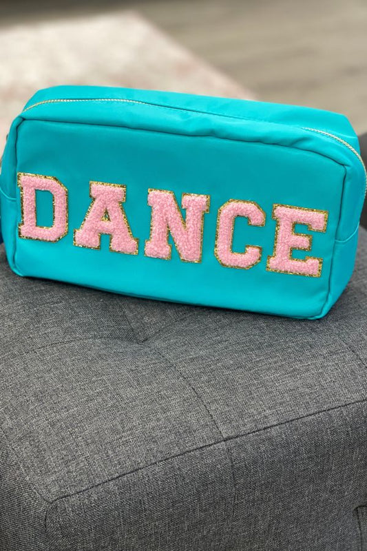 Dance Cosmetic Bag in Teal and Pink with Varsity Chenille Letters by Mavi Banda at The Dance Shop Long Island