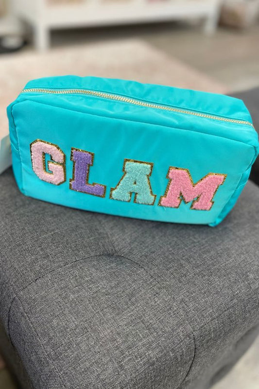 Teal cosmetic bag with GLAM chenille letters in pastel at The Dance Shop Long Island
