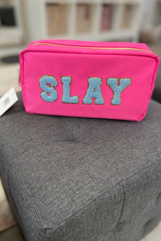 Mavi Banda Hot Pink SLAY cosmetic bag with blue chenille letters at The Dance Shop Long Island