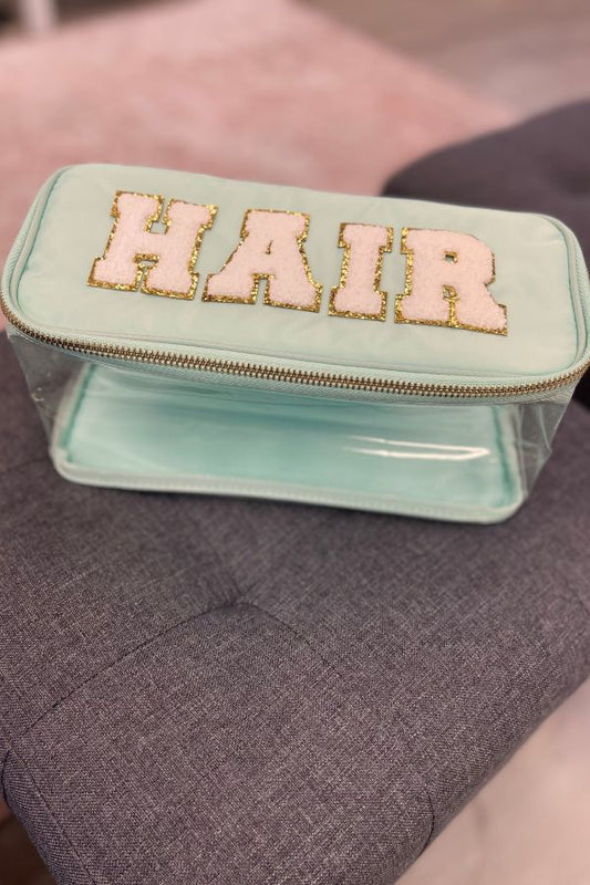 HAIR Clear Makeup Bag - Sea Foam with White Chenille Letters
