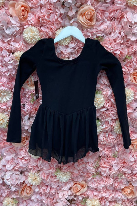Bloch long sleeve leotard with chiffon skirt in black at The Dance Shop Long Island