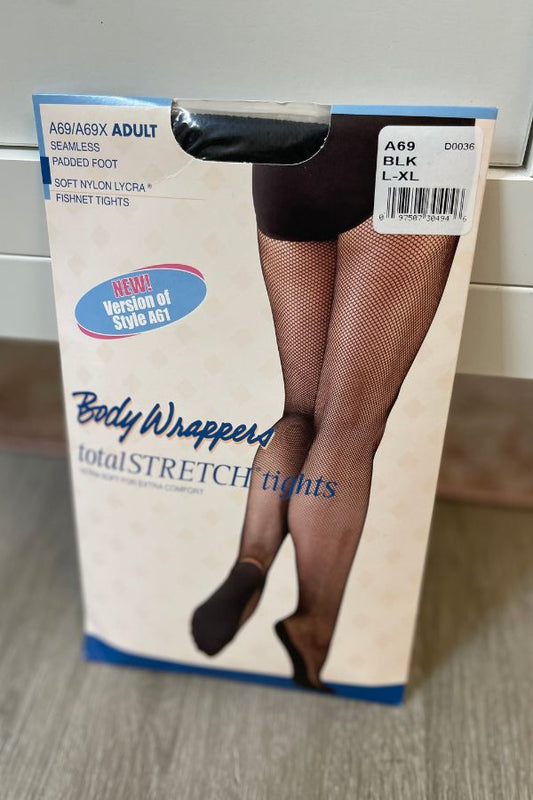 Body Wrappers Adult Seamless Padded Foot Fishnet Tights in Black Style A69 at The Dance Shop Long Island