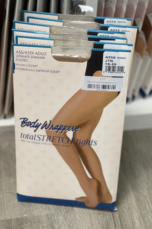 Body Wrappers Adult Ultimate Shimmer Footed Plus Size Tights in Jazzy Tan A55X at The Dance Shop Long Island