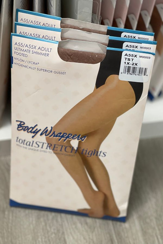 Body Wrappers Plus Size Ultimate Shimmer Footed Dance Tights in Toast A55X at The Dance Shop Long Island