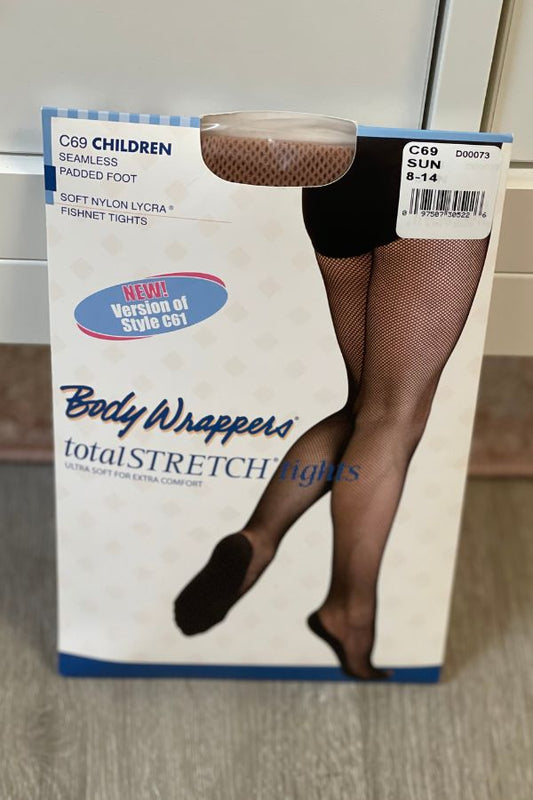 Body Wrappers Children's Seamless Fishnet Tights with Padded Foot in Suntan Style C69 at The Dance Shop Long Island