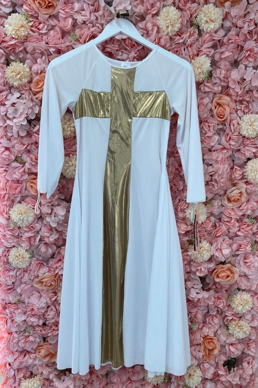 Body Wrappers Girls Praise Cross Long Dress in White and Gold Style 0620 at The Dance Shop Long Island