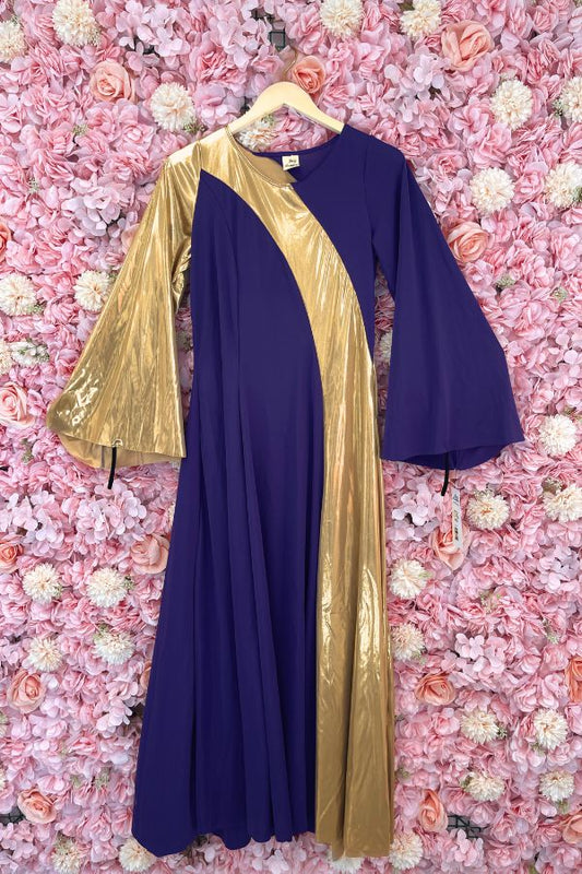 Body Wrappers Womens Asymmetrical Bell Sleeve Praise Dance Dress in Purple and Gold at The Dance Shop Long Island