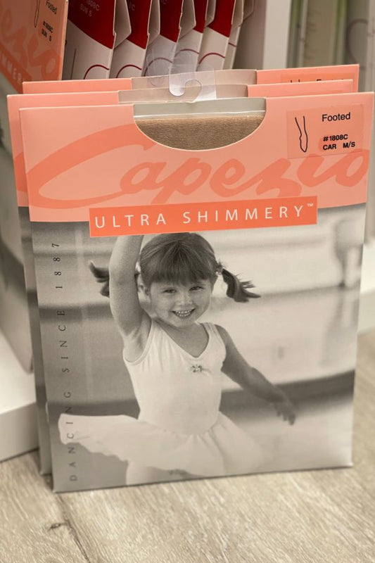 Capezio Children's Ultra Shimmery Footed Tights in Caramel 1808C at The Dance Shop Long Island