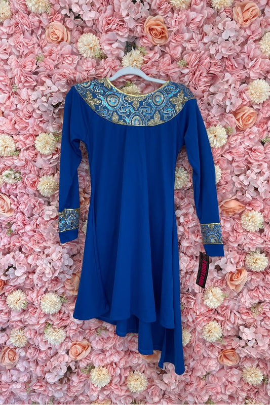 Eurotard Women's Angled Hem Tabernacle Tunic in Royal with Gold Sequins Style 81116 at The Dance Shop Long Island