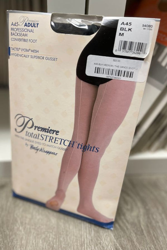 Body Wrappers Professional Mesh Convertible Dance Tights with Back Seam in Black Style A45 at The Dance Shop Long Island